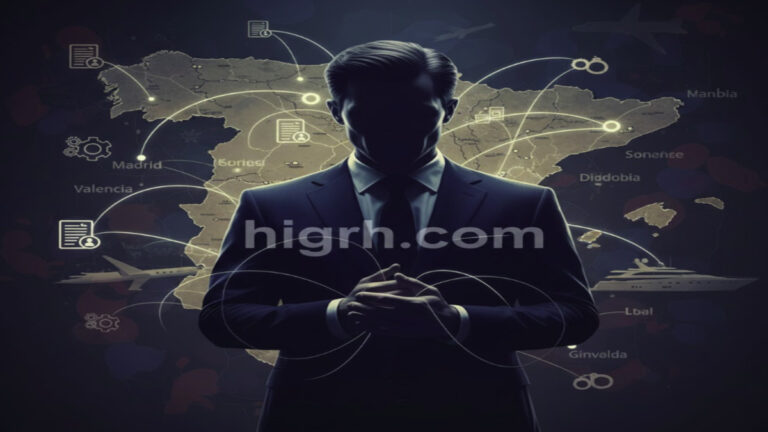 A mysterious silhouette representing the Jeffrey Epstein scandal with a map of Spain and flight icons, HIGRH NEWS.