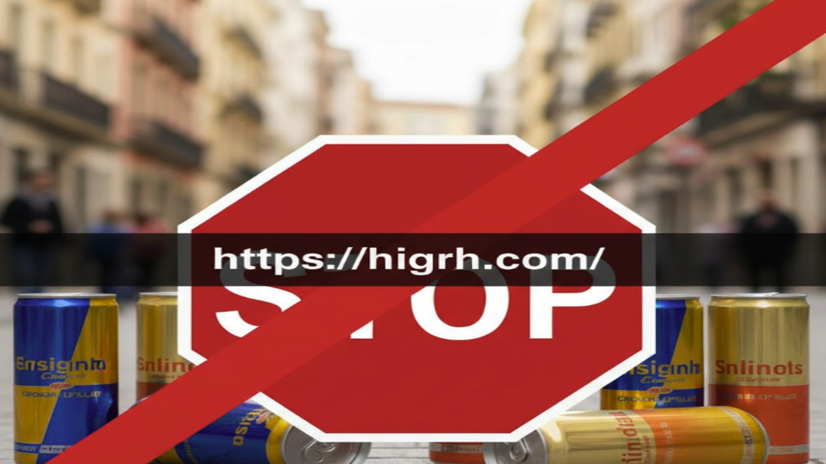 A conceptual image of energy drink cans on a street in Spain with a large red stop sign and the URL https://higrh.com/ to represent the legal ban for minors.