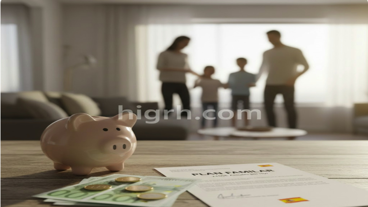 A piggy bank, Euro notes, and a "Family Plan" document with the Spanish flag, representing the €2,400 annual child support in Spain.
