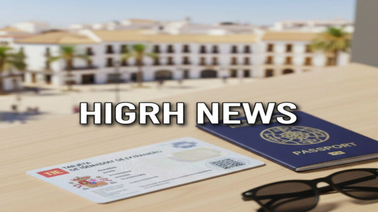 Spain Non-Lucrative Visa Guide: TIE residence card, passport, and sunglasses on a desk with a Spanish plaza background for HIGRH NEWS.