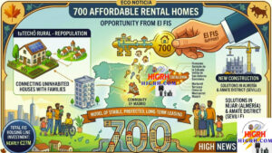 Infographic for HIGH NEWS showing 700 affordable rental homes by El FIS in Madrid and Catalonia