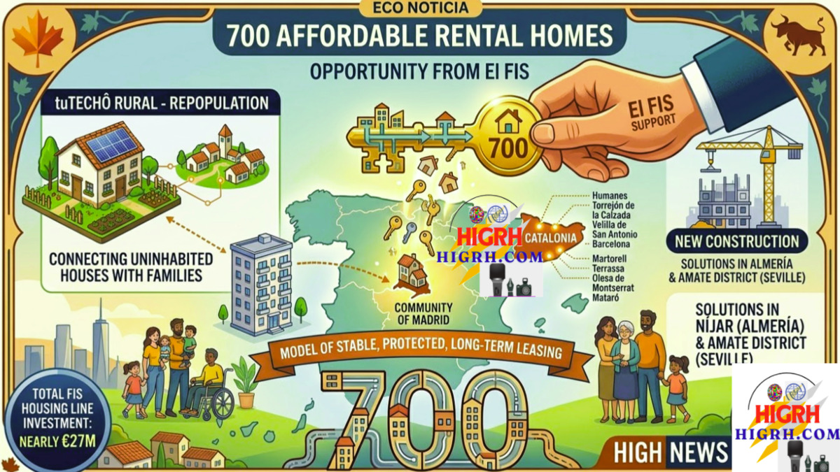 Infographic for HIGH NEWS showing 700 affordable rental homes by El FIS in Madrid and Catalonia