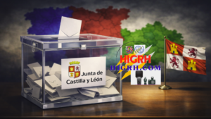Official ballot box with Junta de Castilla y León logo and regional flag, representing the 2026 electoral results in Spain.