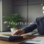 A professional setting in Spain showing a person using a biometric scanner for the TIE fingerprint appointment.