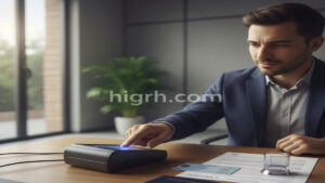 A professional setting in Spain showing a person using a biometric scanner for the TIE fingerprint appointment.