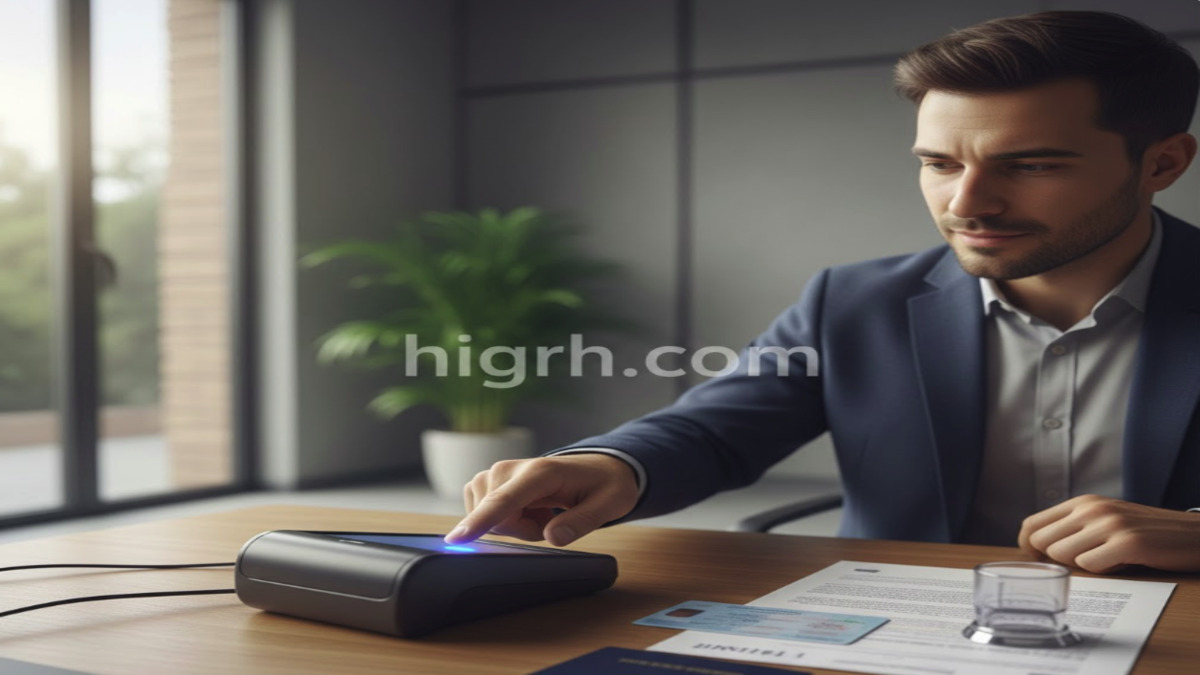 A professional setting in Spain showing a person using a biometric scanner for the TIE fingerprint appointment.