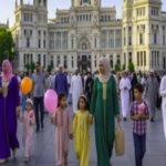 Muslim community celebrating Eid al-Fitr 2026 in Madrid Spain with traditional clothes and festive atmosphere.