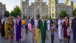 Muslim community celebrating Eid al-Fitr 2026 in Madrid Spain with traditional clothes and festive atmosphere.