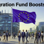 Modern editorial illustration of EU migration policy and financial support for Spain featuring Brussels skyline and EU flag.