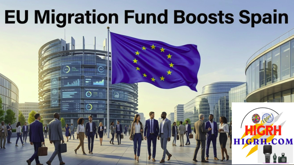 Modern editorial illustration of EU migration policy and financial support for Spain featuring Brussels skyline and EU flag.