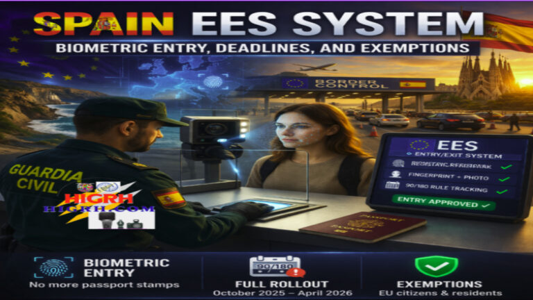 Comprehensive visual guide to the European Entry/Exit System (EES) in Spain, illustrating biometric processing (face scan, fingerprints), the 90/180 day rule tracking, and the rollout timeline with Guardia Civil present.