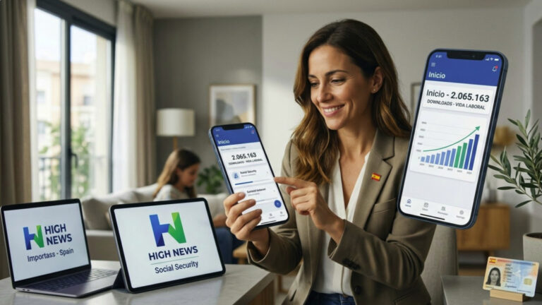 A woman using the Importass mobile app to manage Social Security services in Spain, exclusive report by HIGH NEWS.