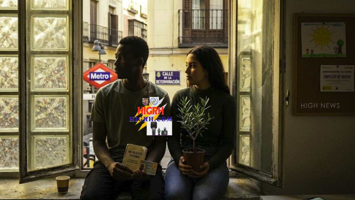 A young man and woman sitting by a window in Madrid, holding an olive plant and a Spanish language book, representing a new life and asylum in Spain, HIGH NEWS.
