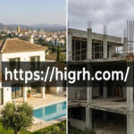 A split-screen showing a finished Spanish villa vs an abandoned construction site to illustrate real estate risks.