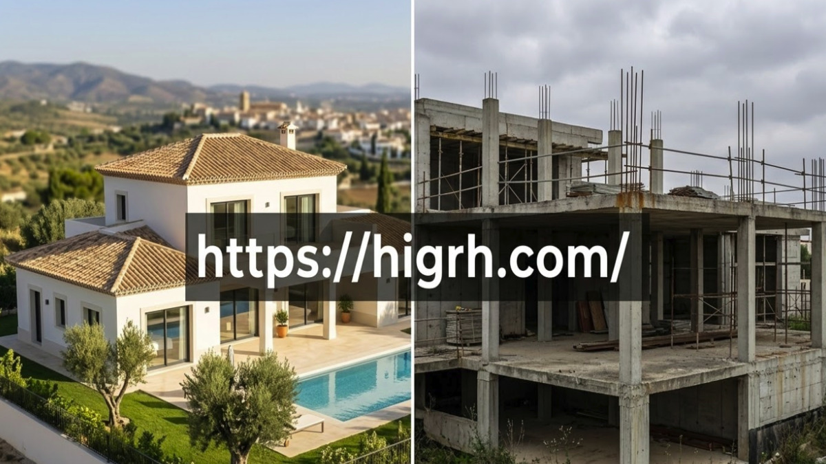 A split-screen showing a finished Spanish villa vs an abandoned construction site to illustrate real estate risks.