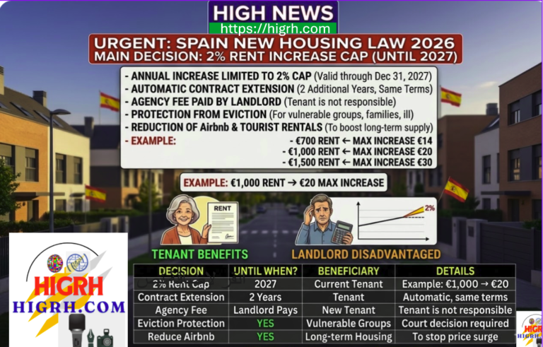 Infographic of Spain's New Housing Law 2026 showing the 2% rent increase cap, automatic lease extensions, and landlord-paid agency fees for Madrid and Barcelona apartments.