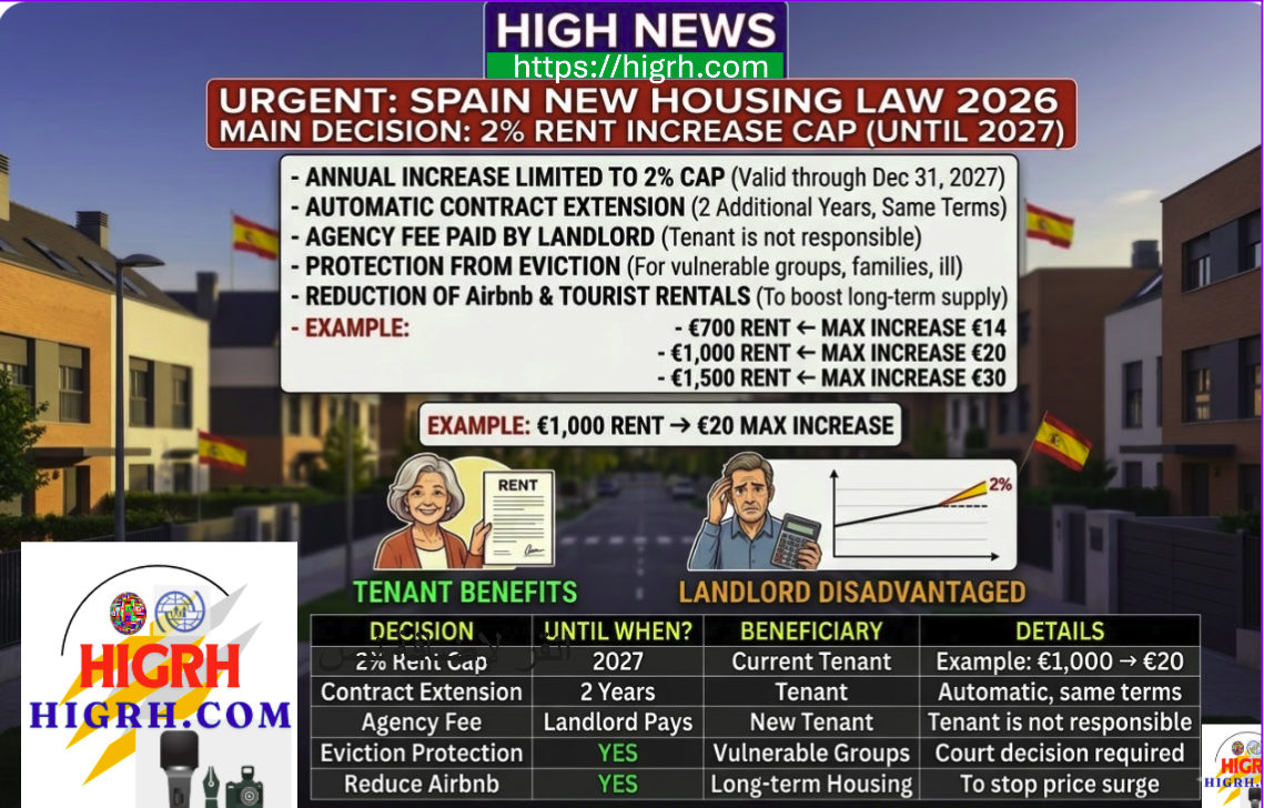 Infographic of Spain's New Housing Law 2026 showing the 2% rent increase cap, automatic lease extensions, and landlord-paid agency fees for Madrid and Barcelona apartments.