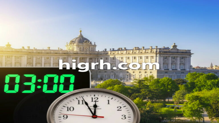 Modern clock showing the time change in Spain 2026 with high-quality background and the website link higrh.com.