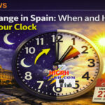 Infographic about the time change in Spain showing a clock transitioning from 2:00 to 3:00 for daylight saving time.