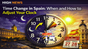 Infographic about the time change in Spain showing a clock transitioning from 2:00 to 3:00 for daylight saving time.