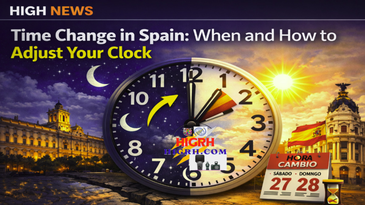 Infographic about the time change in Spain showing a clock transitioning from 2:00 to 3:00 for daylight saving time.