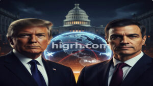 Trump threatens Spain: Illustration of Donald Trump and Pedro Sánchez with military and diplomatic symbols, HIGRH NEWS.