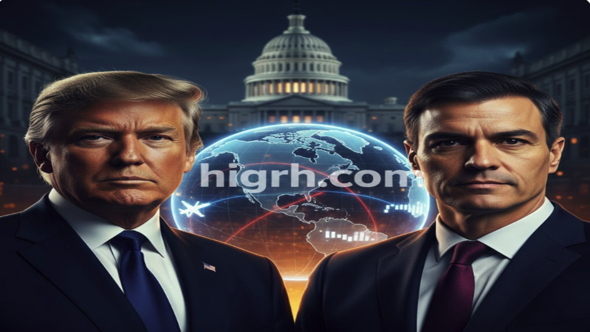 Trump threatens Spain: Illustration of Donald Trump and Pedro Sánchez with military and diplomatic symbols, HIGRH NEWS.