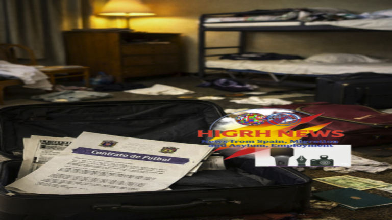 Abandoned luggage with fake football contract in a Spanish hostel room showing immigration fraud