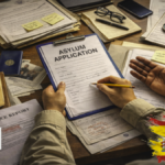 Reasons for asylum rejection in Spain showing stressed applicant with documents during asylum interview process