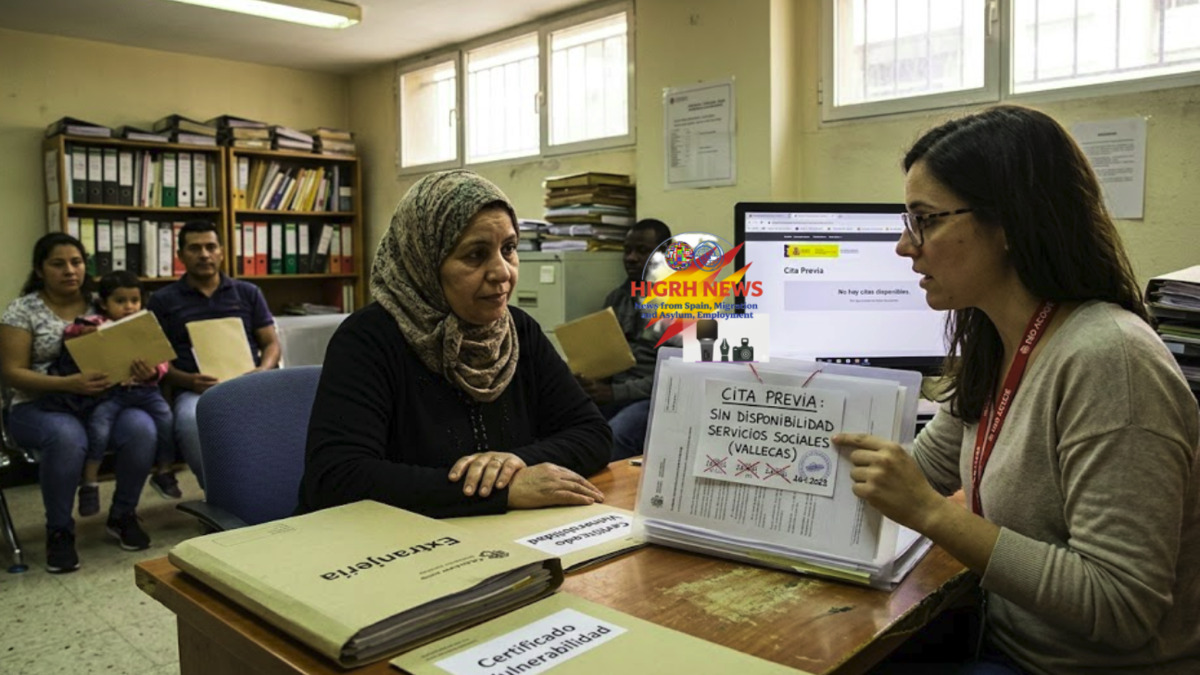 Certificado de vulnerabilidad Spain: A woman showing lack of appointments at a social services office.