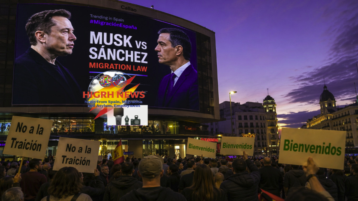 Elon Musk and Pedro Sánchez on a digital billboard in Madrid debating Spain migration law with protesters holding signs.