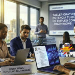 Young professionals using artificial intelligence tools to optimize their CVs during a free SEF workshop in Murcia.