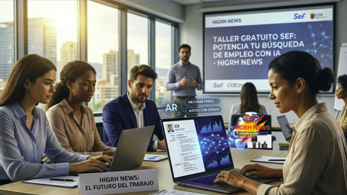 Young professionals using artificial intelligence tools to optimize their CVs during a free SEF workshop in Murcia.
