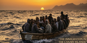 A crowded wooden boat with migrants navigating the Atlantic Ocean towards the Canary Islands during sunset.