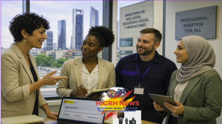 Four diverse people in Madrid, including a woman resembling Minister Elma Saiz, collaborate at an office, symbolizing labor integration.