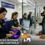 Spanish National Police officer using a scanner to verify a migrant's passport at a busy residency processing office in Madrid.