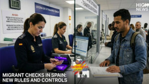 Spanish National Police officer using a scanner to verify a migrant's passport at a busy residency processing office in Madrid.