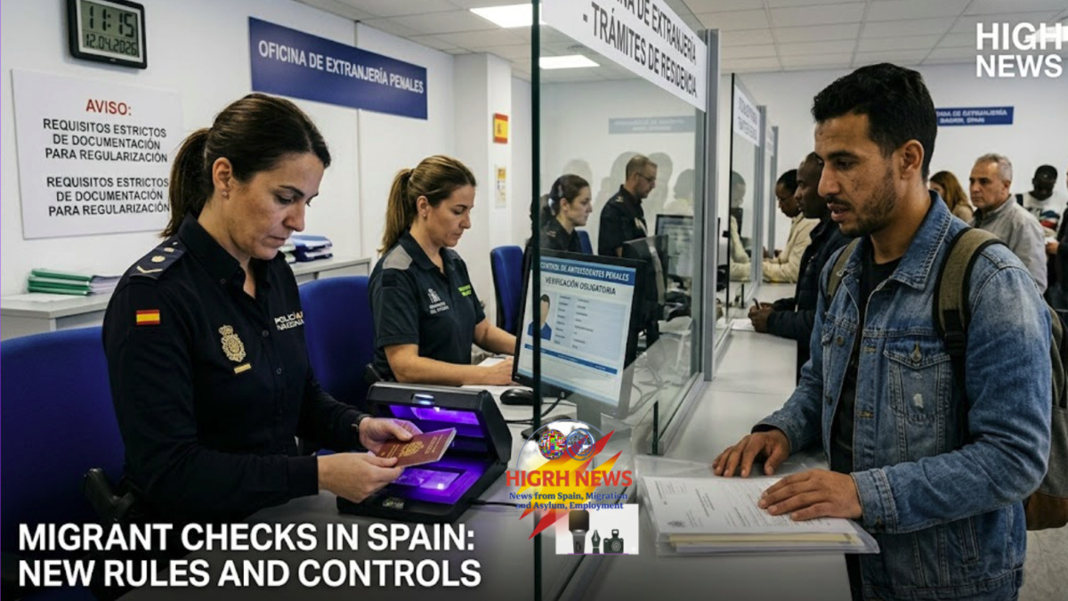Spanish National Police officer using a scanner to verify a migrant's passport at a busy residency processing office in Madrid.