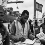 Close-up of a diverse group of migrants anxiously filling out registration forms for the migration amnesty Spain 2026 criminal record policy, with blurred port activity in the background.