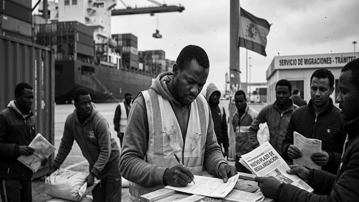 Close-up of a diverse group of migrants anxiously filling out registration forms for the migration amnesty Spain 2026 criminal record policy, with blurred port activity in the background.