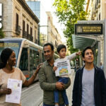A group of people in a Spanish city setting, showing legal residency documents near a health center and public school, with the HIGH NEWS logo.