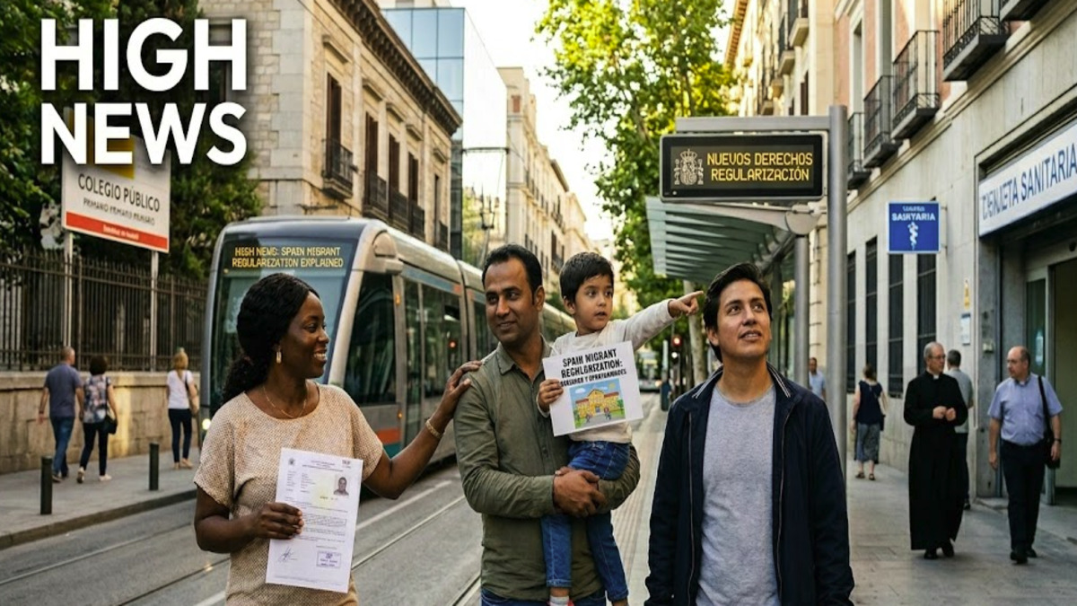 A group of people in a Spanish city setting, showing legal residency documents near a health center and public school, with the HIGH NEWS logo.