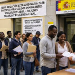 A diverse queue of undocumented immigrants waits outside the Madrid Immigration Office ('Oficina de Extranjería') to submit paperwork for Spain's 2026 massive regularisation process of 500.000 people. A large sign in Spanish details the requirements and deadlines, while an official with a HIGRH NEWS vest assists a hopeful couple, highlighting the start of the historic event.