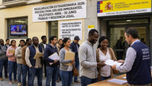 A diverse queue of undocumented immigrants waits outside the Madrid Immigration Office ('Oficina de Extranjería') to submit paperwork for Spain's 2026 massive regularisation process of 500.000 people. A large sign in Spanish details the requirements and deadlines, while an official with a HIGRH NEWS vest assists a hopeful couple, highlighting the start of the historic event.