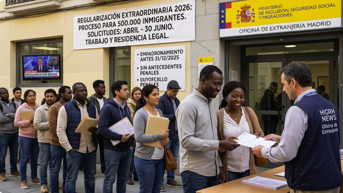 A diverse queue of undocumented immigrants waits outside the Madrid Immigration Office ('Oficina de Extranjería') to submit paperwork for Spain's 2026 massive regularisation process of 500.000 people. A large sign in Spanish details the requirements and deadlines, while an official with a HIGRH NEWS vest assists a hopeful couple, highlighting the start of the historic event.