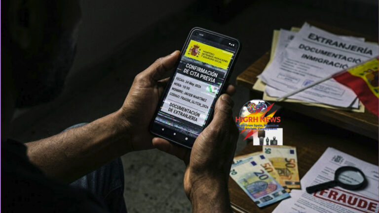 A conceptual image showing a smartphone with a fake appointment and Euro bills, representing the warning for immigrants in Spain against residency scams.