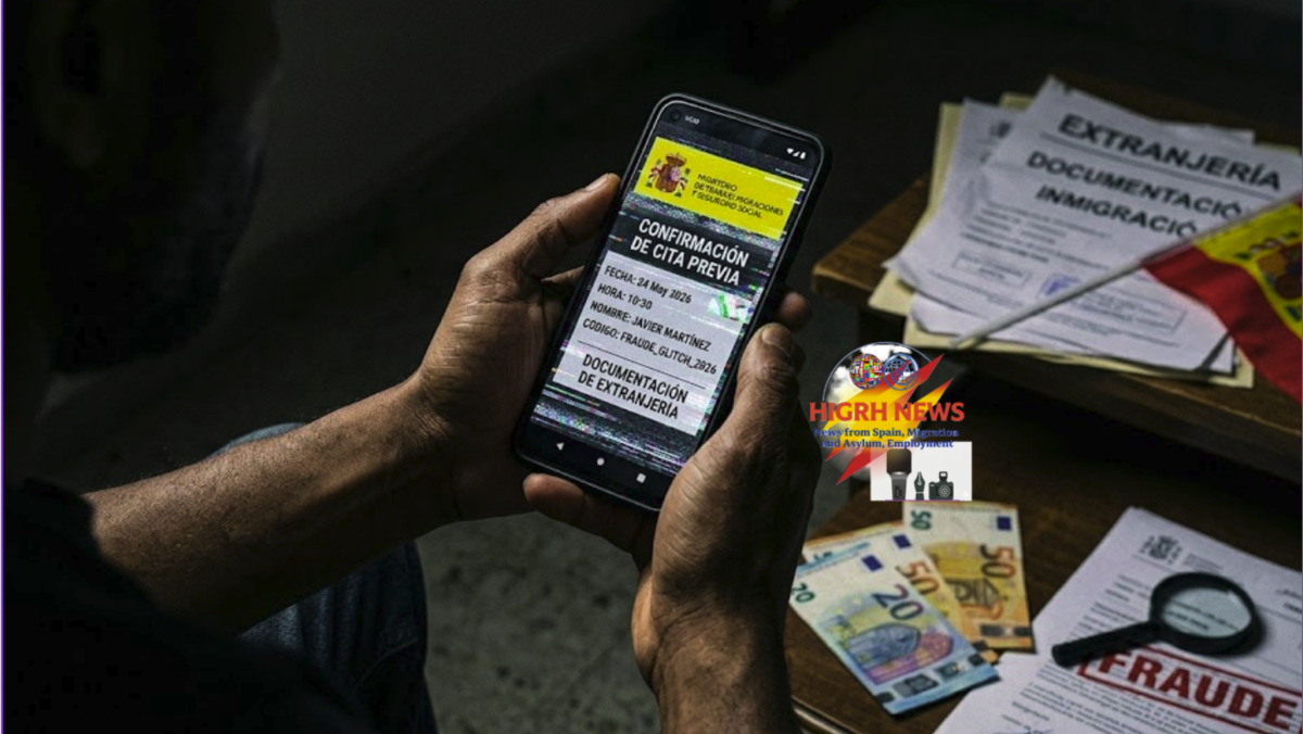 A conceptual image showing a smartphone with a fake appointment and Euro bills, representing the warning for immigrants in Spain against residency scams.