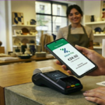A customer using the Bizum app for contactless payment via NFC at a retail store checkout.