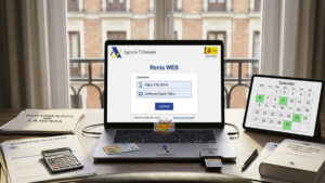 Official Renta Web portal on a laptop screen showing tax login options in Spain.