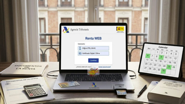 Official Renta Web portal on a laptop screen showing tax login options in Spain.